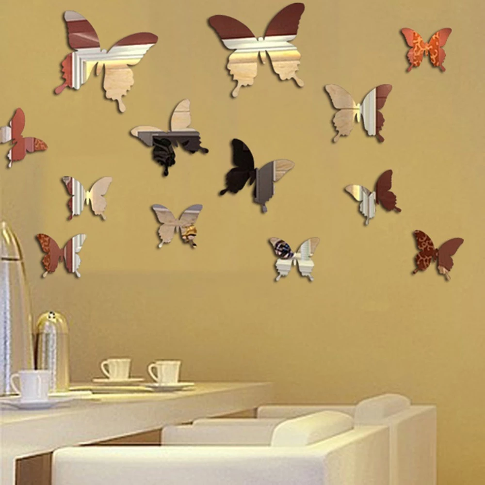 12Pcs/lot 3D Butterfly Mirror Wall Sticker Decal Wall Art Removable Wedding Decoration Kids Room Decoration Sticker