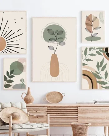 Bohemian Abstract Geometric Lines Poster Oil Painting Leaves Rainbow Bohemian Home Decoration Nordic Wall Living Room Decoration