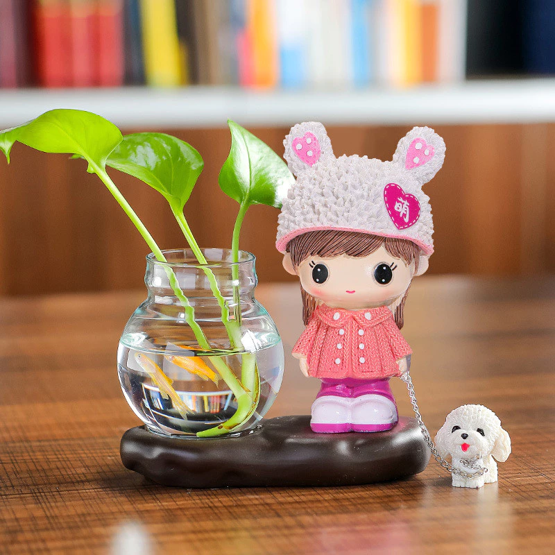 Hydroponic Home Decor Cute Adorable Couple Doll Flower Arrangement Hydroponic Vase Entrance Decoration Green Plant